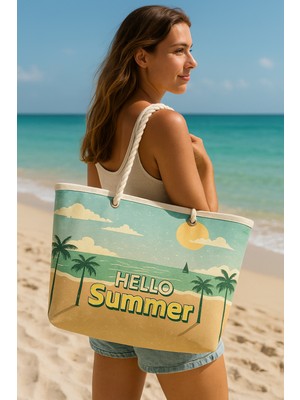 Luxway Home Hello Summer Büyük Boy Piknik ve Plaj Çantası –  Halat Saplı – 55X36X15 cm