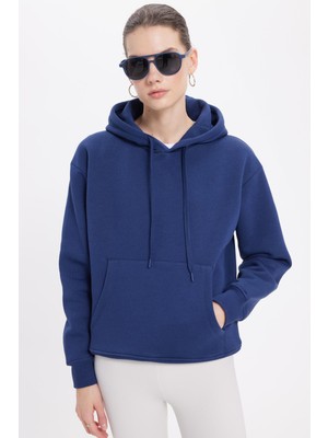 Tudors Kadın Oversize Geniş Kesim Pamuklu Yumuşak Dokulu Içi Polarlı Basic Lacivert Kapüşonlu Sweatshirt
