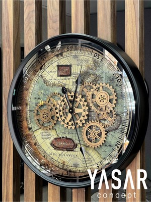 Dünya Haritalı Metal Çarklı Duvar Saati 60 Cm, Şık ve Modern Tasarım