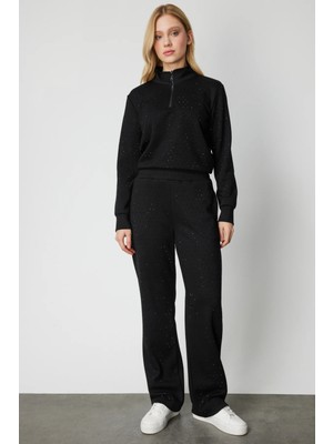 On Kadın Bol Paça Taşlı Eşofman Altı 66365 Siyah