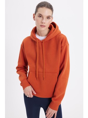 Tudors Kadın Oversize Geniş Kesim Pamuklu Yumuşak Dokulu Içi Polarlı Basic Turuncu Kapüşonlu Sweatshirt