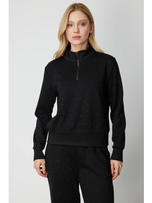 On Kadın Yakası Fermuarlı Taşlı Eşofman Üstü 66364 Siyah