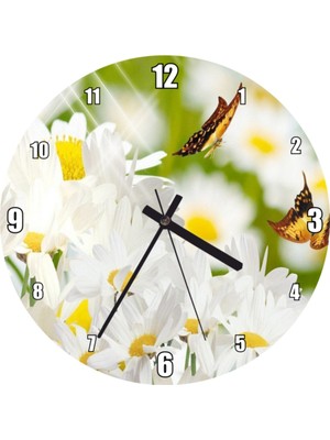 Şık Papatya ve Kelebek Desenli Çerçevesiz Duvar Saati 30X30 cm
