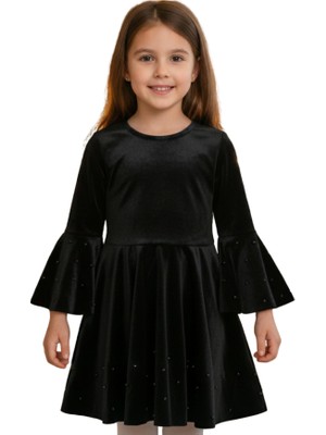Cuties Kız Çocuk Siyah Kadife Elbise – İnci ve Boncuk Detaylı, Volan Kollu Şık Model