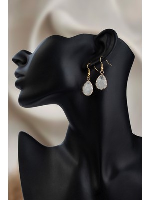 Kristal Kuvars Doğal Taş Faset Damla Kesim Çerçeveli Küpe