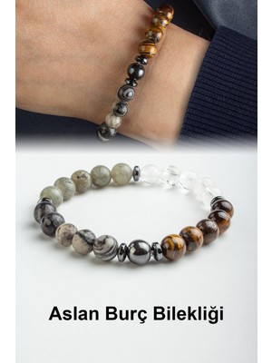 Aslan Burç Bilekliği Kaplan Gözü-Jasper-Kristal Kuvars-Labradorit Doğal Taş 8mm Bileklik