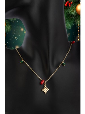 Mercan Sıkma Malakit Doğal Taş Kokina Temalı Yılbaşı Kolyesi