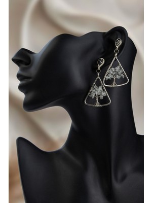 Kristal Kuvars Taşı Hayat Ağacı Üçgen Kesim Doğal Taş Küpe