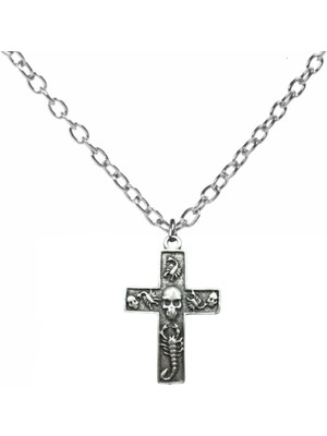 Kurukafa Figürlü Gotik Haç Tasarımlı Unisex Kolye – 60 cm Zincirli, Metal Alternatif Tarz Takı