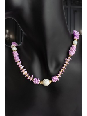 Sedef - Mercan Doğal Kırık Taş Açık Mor Zincir Kapamalı Kolye