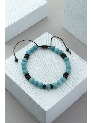 Sıkma Akuamarin ve Hematit Doğal Taş Mavi Küre Kesim 6mm Makrome Bileklik
