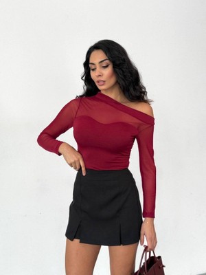 Kolleksa Kadın Uzun Kollu Omuz Dekoltesi Ve Transparan Tül Detay Bluz