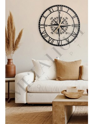Modern Siyah Metal Duvar Saati, Roma Rakamlı ve Pusula Temalı 60X60CM