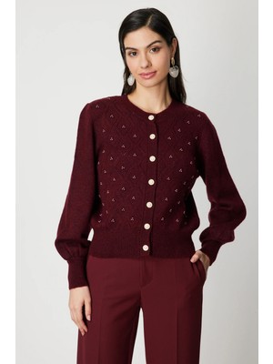 On Kadın Inci Düğmeli Triko Hırka 63922 Bordo