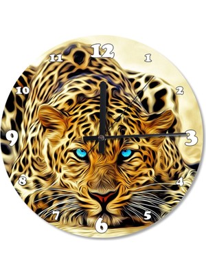 50 cm Çapında Şık Mavi Gözlü Leopar Temalı Ahşap Duvar Saati