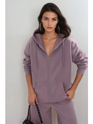 Hiccup Kadın Busem Kapüşonlu Oversize Fermuarlı Ceket Lila Mor