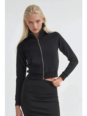 Hiccup Kadın Busem Pamuklu Cep Detaylı Fermuarlı Ceket Siyah