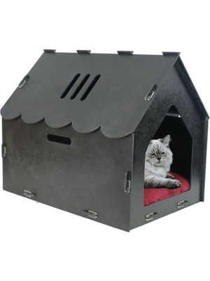 Feyza Design Büyük Ahşap Kedi Yatağı, Siyah, 50X35 Cm, Parlak Boyalı, Çatılı, Çizgili