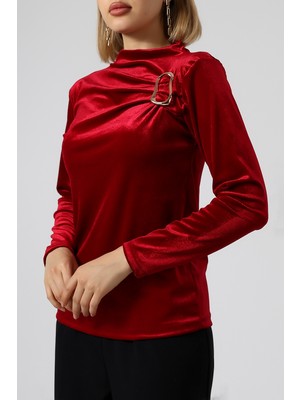 Sabr Kadife Yarım Balıkçı Yaka Tokalı Bluz – Zarif & Şık Kadın Bluz