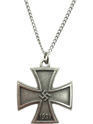 Gri 1939 Demir Haç Madalyası Figürlü Unisex Kolye – 60 cm Zincirli Antik, Gotik Tasarım
