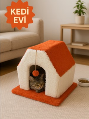 Feyza Design Renkli Peluş Kedi Evi, Ponponlu, Konforlu ve Dekoratif Yatak