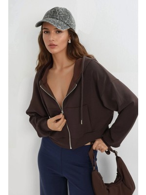 Hiccup Kadın Busem Kapüşonlu Fermuarlı Kısa Ceket Kahve Kahvesi