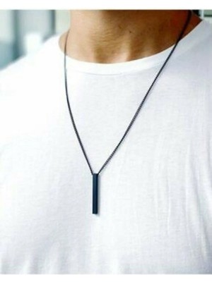 Uzun Dikdörtgen Bar Siyah Çelik Kolye 70CM