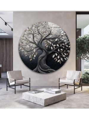 Myphotostation Gümüş Hayat Ağacı Yuvarlak Kırılmaz Cam Duvar Tablosu, Ev Dekorasyonu