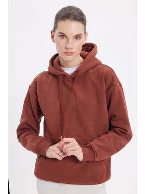 Tudors Kadın Oversize Geniş Kesim Pamuklu Yumuşak Dokulu Içi Polarlı Basic Kahverengi Kapüşonlu Sweatshirt