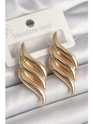 Tegan Pirinç Gold Renk 3 Sıra Dalga Model Kadın Küpe TG27BKP10237