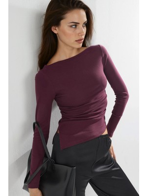 Hiccup Kadın Busem Kayık Yaka Pamuklu Bluz Leylak Moru