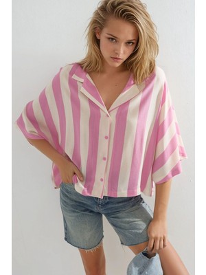 Hiccup Kadın Busem Rahat Kesim Çizgili Düğmeli Gömlek Karanfil Pembesi