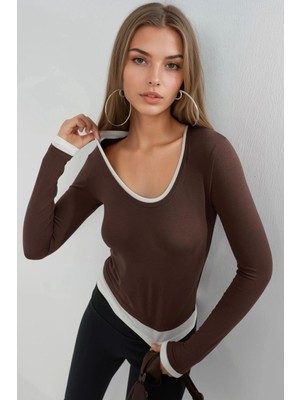 Hiccup Kadın Busem Kontrast Biye Detaylı Uzun Kollu Bluz Kahve Kahvesi