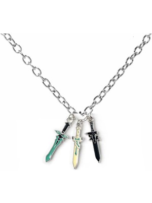 3 Renkli Kılıç Figürlü Unisex Kolye – 60 cm Metal Zincirli Savaşçı Tasarımı