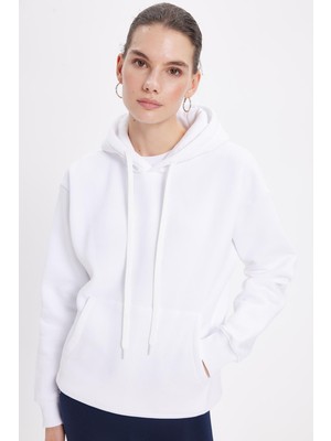 Tudors Kadın Oversize Geniş Kesim Pamuklu Yumuşak Dokulu Içi Polarlı Basic Beyaz Kapüşonlu Sweatshirt