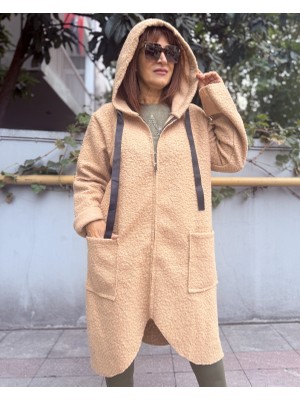 Denizege Butik Italyan Yumuşak Dokulu Keçe Kaban Bej