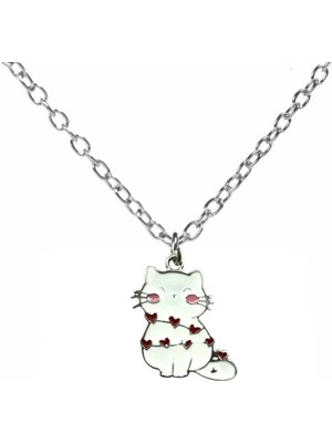 Beyaz Kalp Sarılı Kedi Figürlü Unisex Kolye – Sevgi ve Masumiyetin Simgesi
