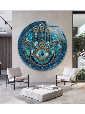 Myphotostation Hamsa Fatma Ananın Eli ve Nazar Boncuğu Yuvarlak Kırılmaz Cam Duvar Tablosu, Ev Dekorasyonu