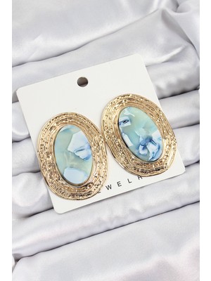 Tegan Pirinç Mermer Desenlli Mavi Sedef Oval Vintage Model Gold Renk Kadın Küpe TG27BKP10777