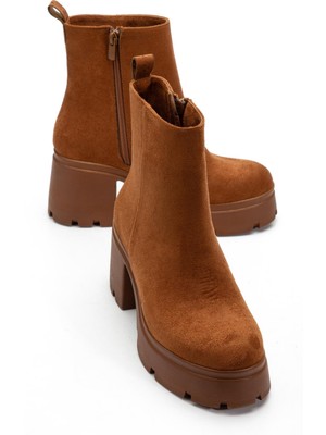 Dilimler Ayakkabı Topuklu Bot Kadın Platform Taba Süet Yüzüdüz Fermuarlı