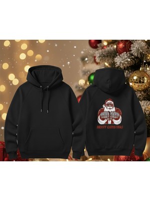 %100 Pamuklu Unisex Oversize Merry Christmas Yılbaşı Temalı Baskılı Kapüşonlu Sweatshirt