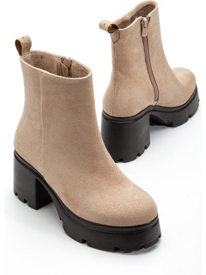 Dilimler Ayakkabı Topuklu Bot Kadın Platform Ten Süet Yüzüdüz Fermuarlı