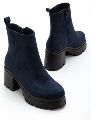 Dilimler Ayakkabı Topuklu Bot Kadın Platform Lacivert Süet Yüzüdüz Fermuarlı