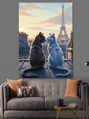 Tablomega Eyfel Kulesi Izleyen Kediler Dekoratif Kanvas - Mdf Ahşap Tablo