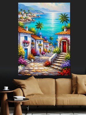 Artmeg Sahil Kasabası Renkli Evler Dekoratif Kanvas - Mdf Ahşap Tablo