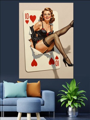 Artmeg Oyun Kağıdı Maça Kızı Dekoratif Kanvas - Mdf Ahşap Tablo