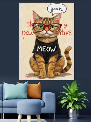 Karizma Tablo Gözlüklü Kedi Meow Yazılı Dekoratif Kanvas - Mdf Ahşap Tablo