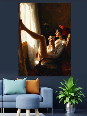 Karizma Tablo Pencere Önünde Kahve ve Kadın Dekoratif Kanvas - Mdf Ahşap Tablo