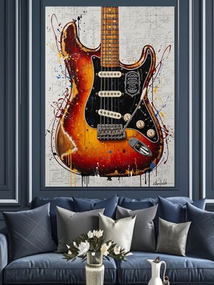 Tablomega Alev Desenli Elektro Gitar Dekoratif Kanvas - Mdf Ahşap Tablo