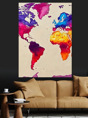 Artmeg Renkli Dünya Haritası Çizimi Dekoratif Kanvas - Mdf Ahşap Tablo